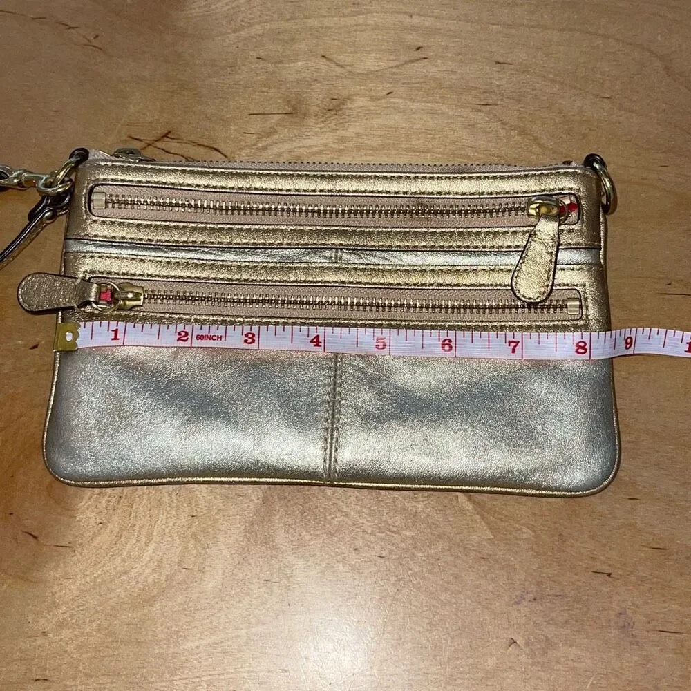 Coach Leather Wristlet Metallic Gold Triple Zippy Pocket - Picture 8 of 9